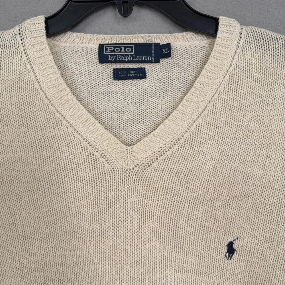 Vintage Polo Ralph Lauren Sweater Men XL Beige Linen Cotton Blend Classic Preppy